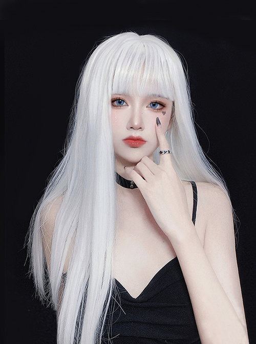 Pure White Cool Girl Cyberpunk Style Long Straight Hair Qi Bangs Lolita Wigs