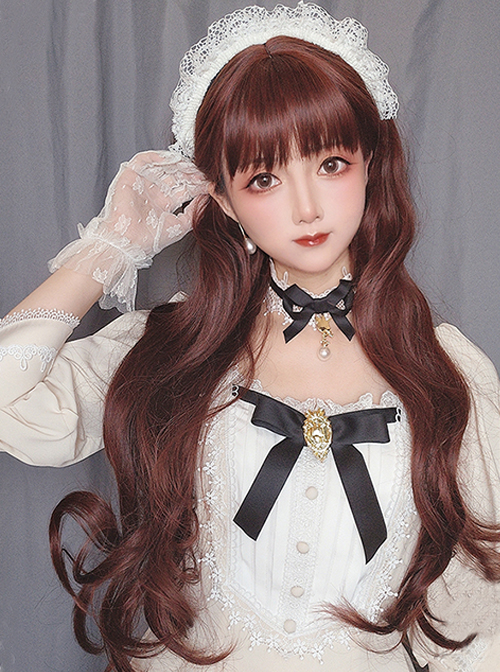 Elegant Reddish-Brown Long Curly Hair Qi Bangs Lolita Wigs