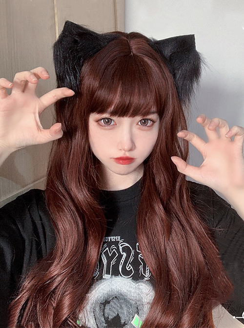 Elegant Reddish-Brown Long Curly Hair Qi Bangs Lolita Wigs