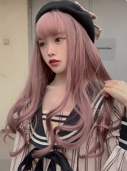 Pink Purple Sweet Daily Long Curly Hair Girl Qi Bangs Lolita Wigs