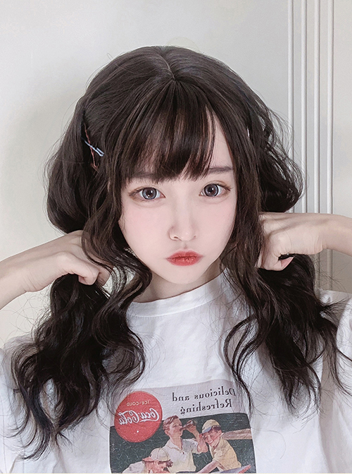 Stylish And Fluffy Black Cute Wool Roll Big Natural Waves Qi Bangs Lolita Wigs