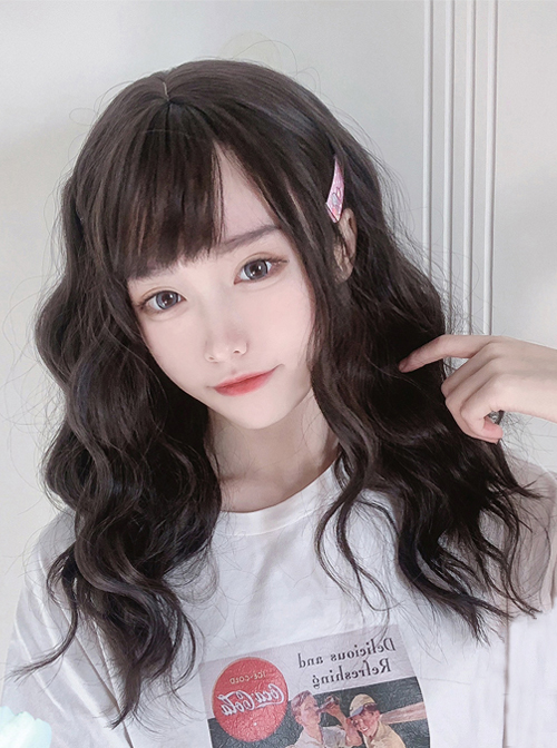 Stylish And Fluffy Black Cute Wool Roll Big Natural Waves Qi Bangs Lolita Wigs