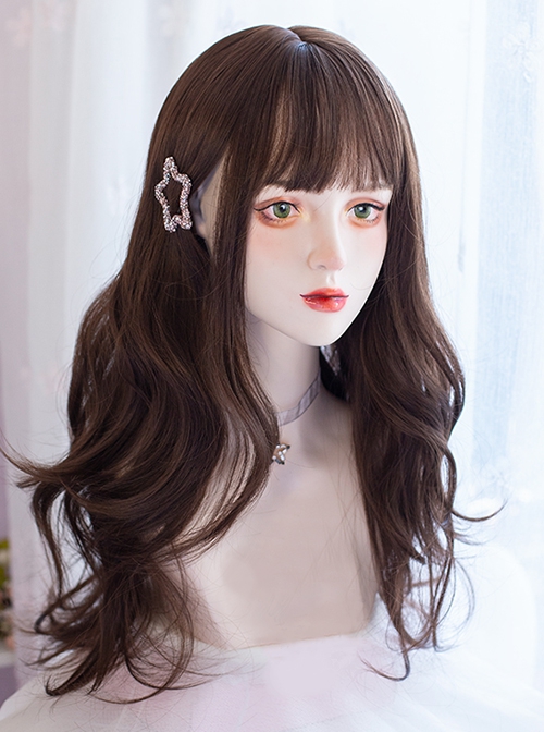 Dark Brown Natural Curly Hair Qi Bangs Lolita Medium Length Lolita Wigs