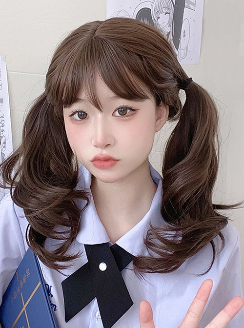 Dark Brown Natural Curly Hair Qi Bangs Lolita Medium Length Lolita Wigs