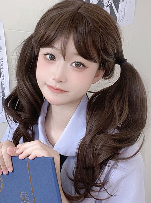 Dark Brown Natural Curly Hair Qi Bangs Lolita Medium Length Lolita Wigs