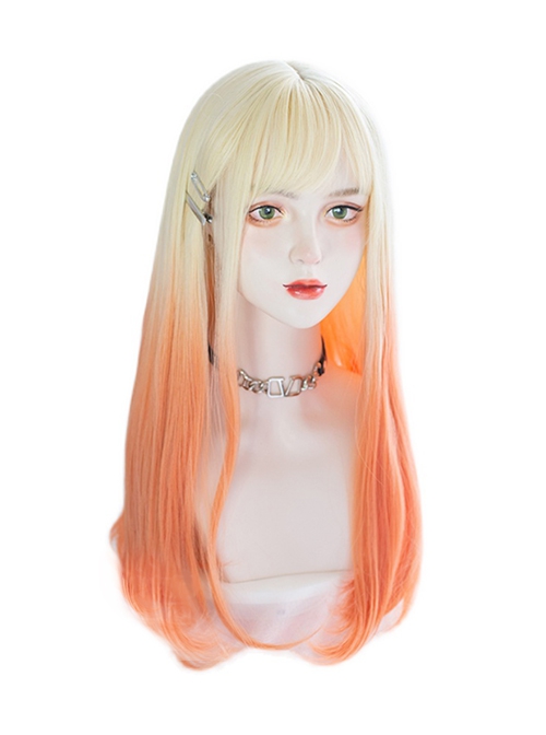 Golden Orange Personality Gradient Long Straight Hair Qi Bangs Lolita Wigs