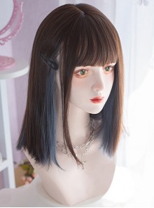Daily Dark Brown Embellished Haze Blue Cute Short Straight Hair Qi Bangs Lolita Wigs