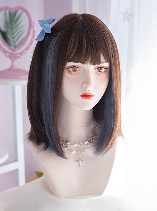 Daily Dark Brown Embellished Haze Blue Cute Short Straight Hair Qi Bangs Lolita Wigs