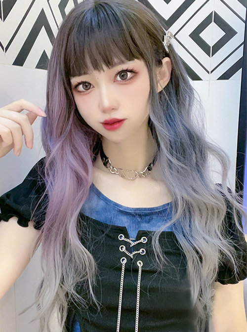 Two-Tone Blue-Gray Gradient Long Curly Hair Qi Bangs Fashion Wavy Roll Lolita Wigs