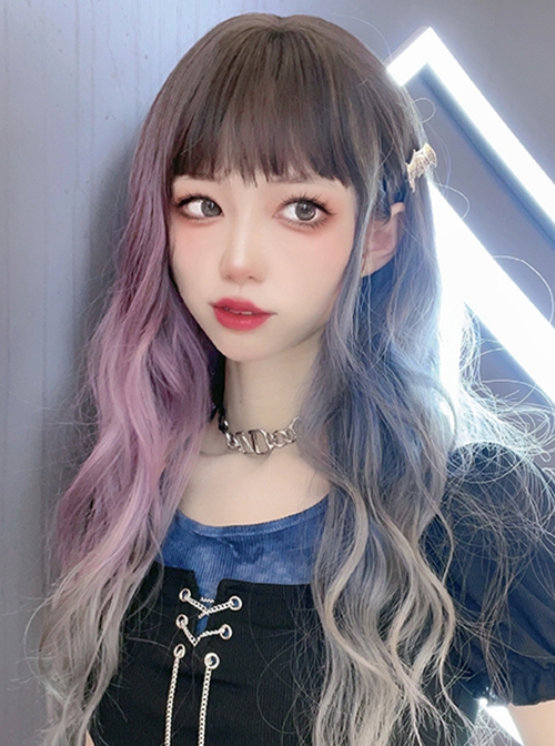 Two-Tone Blue-Gray Gradient Long Curly Hair Qi Bangs Fashion Wavy Roll Lolita Wigs