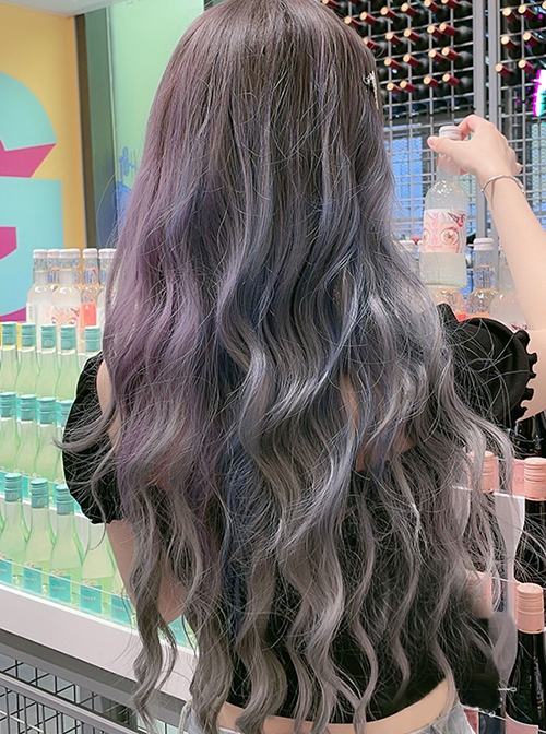 Two-Tone Blue-Gray Gradient Long Curly Hair Qi Bangs Fashion Wavy Roll Lolita Wigs