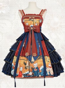 Ukiyo Series JSK Japanese Style Fine Print Blue Three-Layer Hem Bow Knot Girdle Decoration Classic Lolita Sleeveless Dress Set