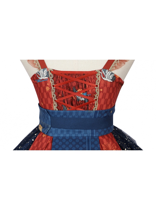 Ukiyo Series JSK Japanese Style Fine Print Blue Three-Layer Hem Bow Knot Girdle Decoration Classic Lolita Sleeveless Dress Set