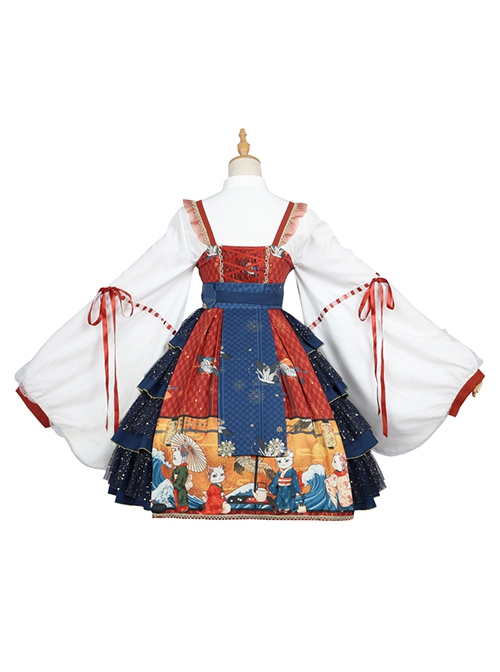 Ukiyo Series JSK Japanese Style Fine Print Blue Three-Layer Hem Bow Knot Girdle Decoration Classic Lolita Sleeveless Dress Set