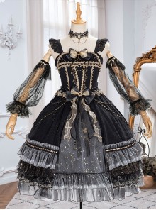 Starry Night Series Organza Palace-Style Jacquard Lace Trim Beaded Decoration Black Sleeveless Classic Lolita Dress Set