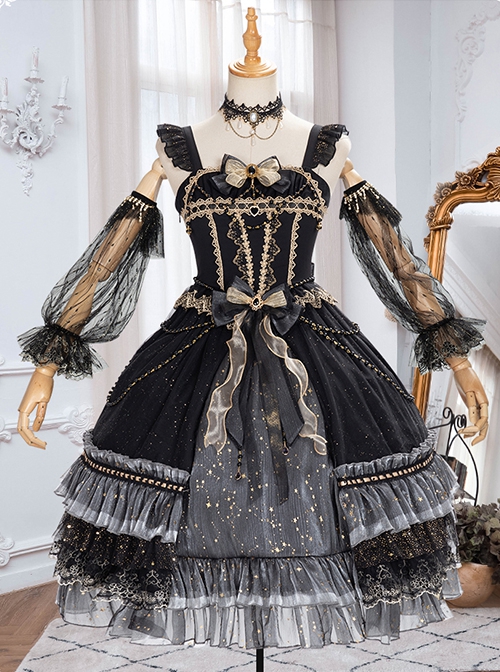 Starry Night Series Organza Palace-Style Jacquard Lace Trim Beaded Decoration Black Sleeveless Classic Lolita Dress Set