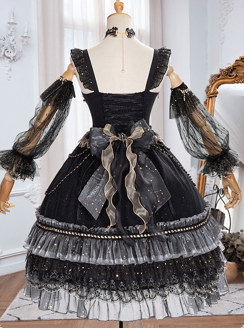 Starry Night Series Organza Palace-Style Jacquard Lace Trim Beaded Decoration Black Sleeveless Classic Lolita Dress Set