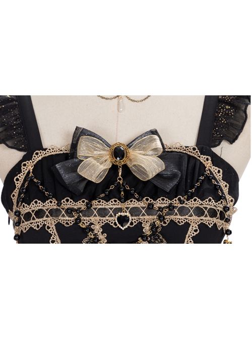 Starry Night Series Organza Palace-Style Jacquard Lace Trim Beaded Decoration Black Sleeveless Classic Lolita Dress Set