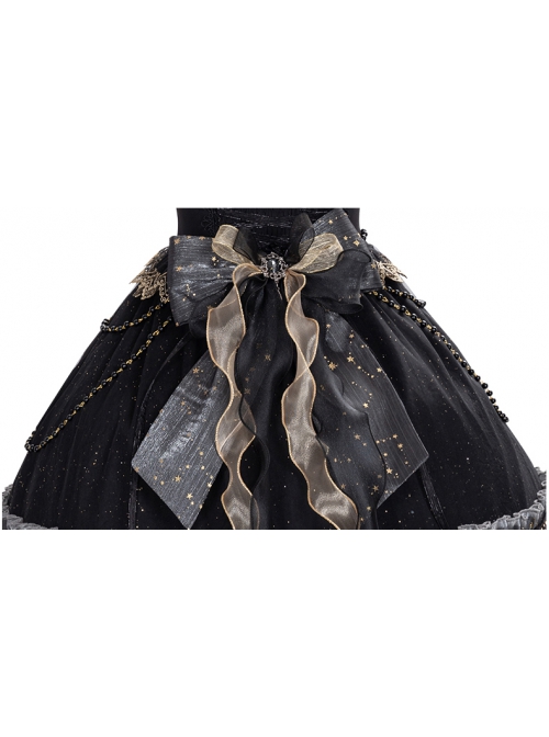 Starry Night Series Organza Palace-Style Jacquard Lace Trim Beaded Decoration Black Sleeveless Classic Lolita Dress Set