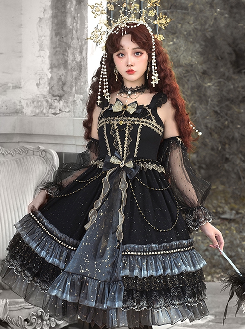 Starry Night Series Organza Palace-Style Jacquard Lace Trim Beaded Decoration Black Sleeveless Classic Lolita Dress Set