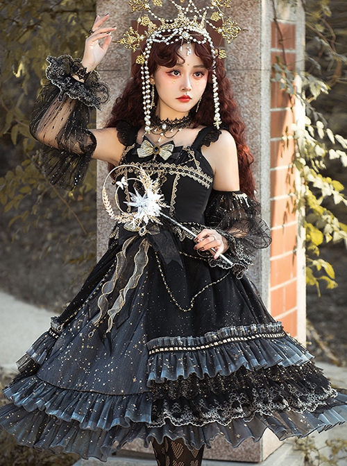 Starry Night Series Organza Palace-Style Jacquard Lace Trim Beaded Decoration Black Sleeveless Classic Lolita Dress Set