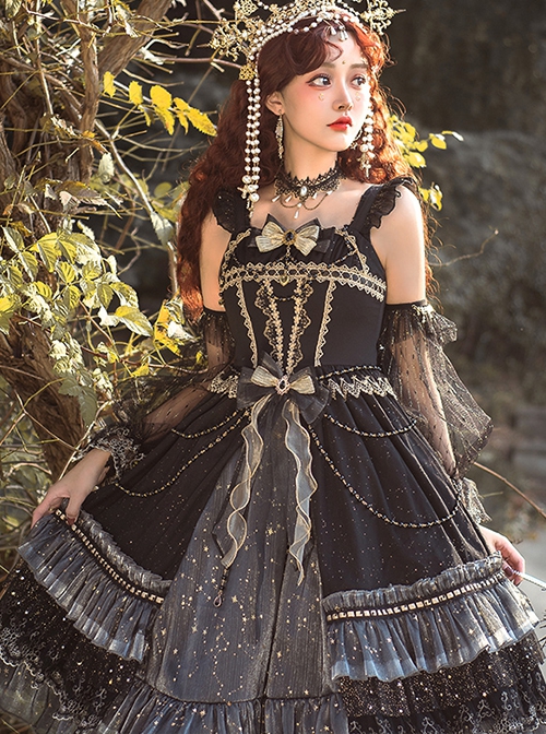 Starry Night Series Organza Palace-Style Jacquard Lace Trim Beaded Decoration Black Sleeveless Classic Lolita Dress Set