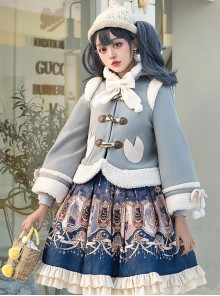 Classic Lolita Short Light Blue Solid Woolen Wool Cute Big Bow Knot Decoration Thick Coat