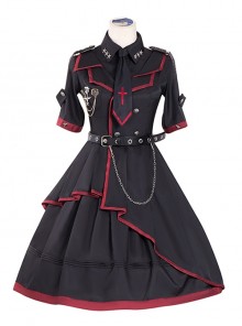 The Loser Of The Army Eats Dust Series OP Military Style Gothic Lolita Metal Belt Decoration Short Sleeve Dress Set