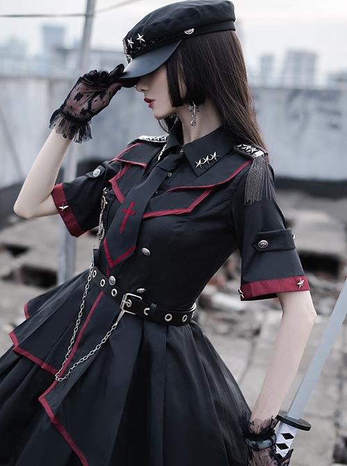 The Loser Of The Army Eats Dust Series OP Military Style Gothic Lolita Metal Belt Decoration Short Sleeve Dress Set