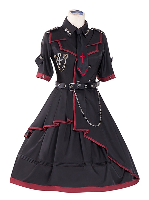 The Loser Of The Army Eats Dust Series OP Military Style Gothic Lolita Metal Belt Decoration Short Sleeve Dress Set