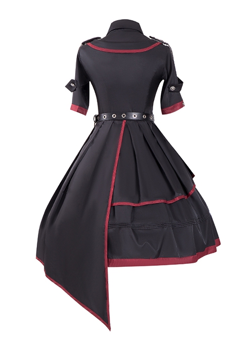 The Loser Of The Army Eats Dust Series OP Military Style Gothic Lolita Metal Belt Decoration Short Sleeve Dress Set