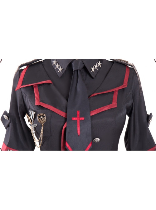 The Loser Of The Army Eats Dust Series OP Military Style Gothic Lolita Metal Belt Decoration Short Sleeve Dress Set