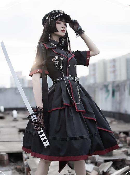 The Loser Of The Army Eats Dust Series OP Military Style Gothic Lolita Metal Belt Decoration Short Sleeve Dress Set