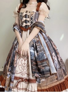 Constantine Series OP Elegant Vintage Oil Painting Print Bow Knots Decoration Classic Lolita Short Sleeve Dress Set