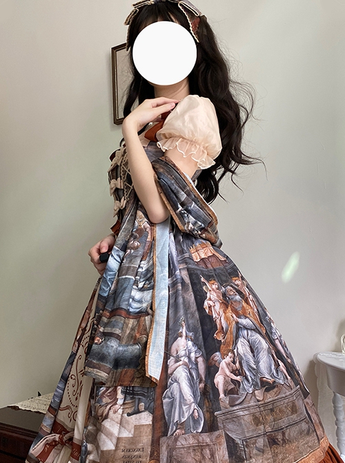 Constantine Series OP Elegant Vintage Oil Painting Print Bow Knots Decoration Classic Lolita Short Sleeve Dress Set