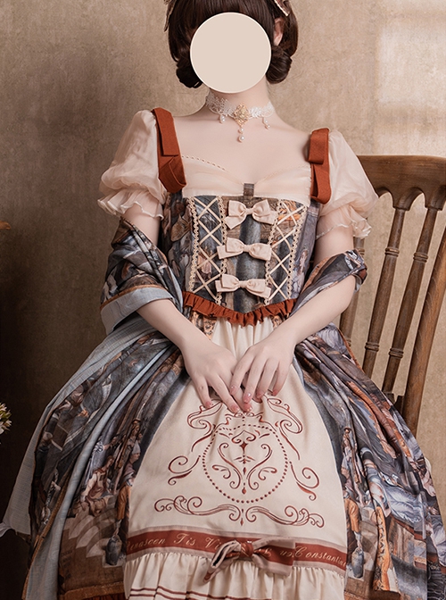 Constantine Series OP Elegant Vintage Oil Painting Print Bow Knots Decoration Classic Lolita Short Sleeve Dress Set