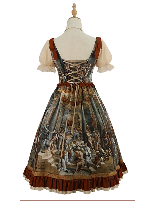 Constantine Series OP Elegant Vintage Oil Painting Print Bow Knots Decoration Classic Lolita Short Sleeve Dress Set