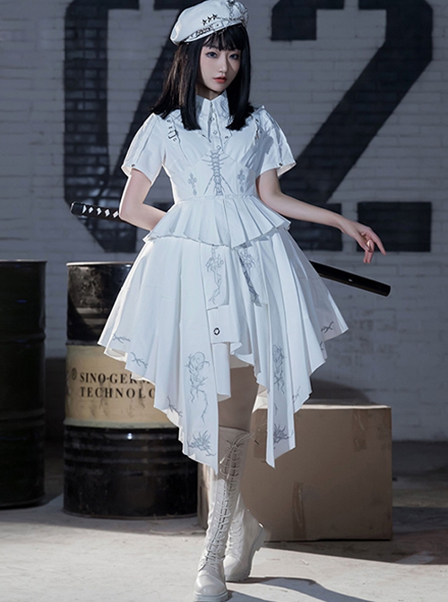 Fog City Thorns Series OP White Military Uniform Exquisite Embroidery Pattern Irregular Hem Classic Lolita Short Sleeve Dress Set