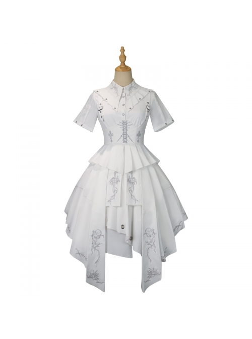 Fog City Thorns Series OP White Military Uniform Exquisite Embroidery Pattern Irregular Hem Classic Lolita Short Sleeve Dress Set