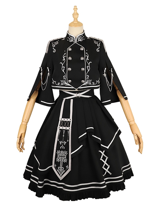 Battle Of Thorns Series Dark Cool Handsome Military Style Decorative Embroidered Metal Buttons Gothic Lolita Top Skirt Set