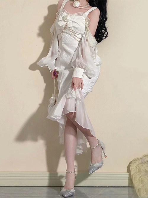 Camellia Series JSK Chinese Style White Exquisite Jacquard Embroidered Cheongsam Beaded Decoration Classic Lolita Sleeveless Dress Set