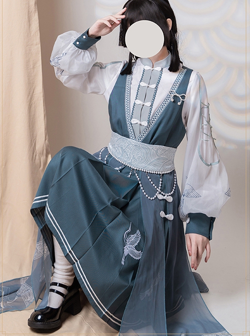 Crane String Series Improved Chinese Style Exquisite Embroidery Buckle Design Classic Lolita Long Sleeve Dress Set