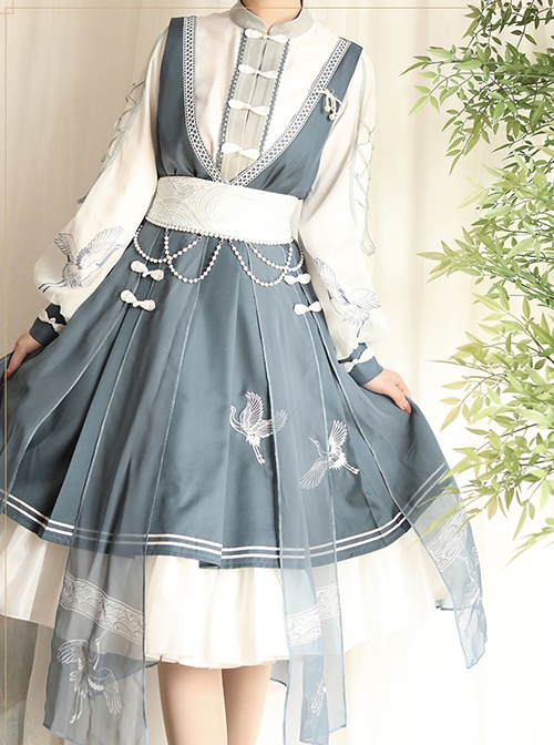 Crane String Series Improved Chinese Style Exquisite Embroidery Buckle Design Classic Lolita Long Sleeve Dress Set