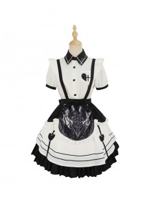 Aries Series JSK British Style Maid Outfit Black Printing Decoration Bow Knots Pleated Lace Gothic Lolita Short Sleeve Dress Set