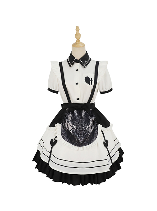 Aries Series JSK British Style Maid Outfit Black Printing Decoration Bow Knots Pleated Lace Gothic Lolita Short Sleeve Dress Set