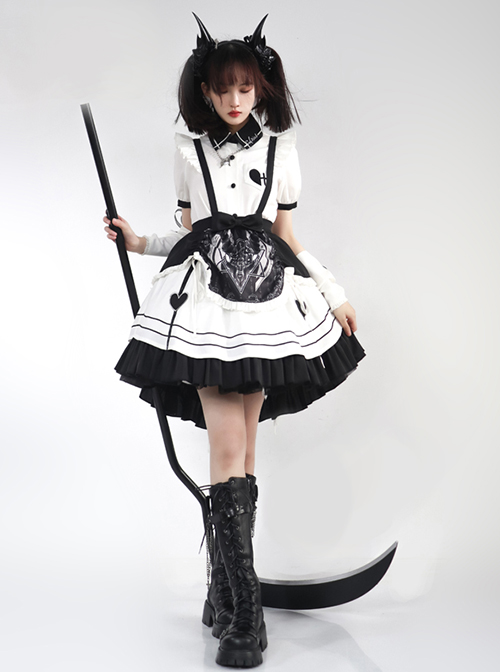 Aries Series JSK British Style Maid Outfit Black Printing Decoration Bow Knots Pleated Lace Gothic Lolita Short Sleeve Dress Set