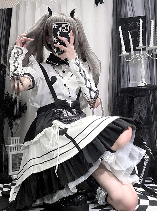 Aries Series JSK British Style Maid Outfit Black Printing Decoration Bow Knots Pleated Lace Gothic Lolita Short Sleeve Dress Set