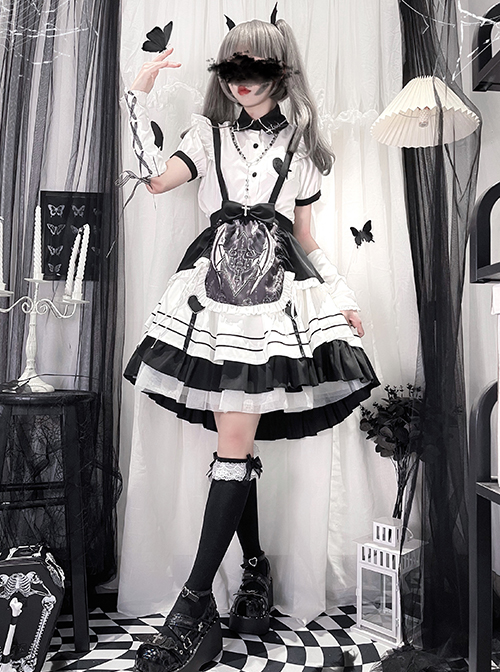 Aries Series JSK British Style Maid Outfit Black Printing Decoration Bow Knots Pleated Lace Gothic Lolita Short Sleeve Dress Set