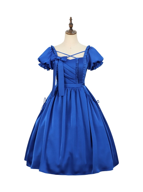 Simple Solid Color Klein Blue OP Pleated Lace Bow Knot Decoration Cross Straps Classic Lolita Short Sleeve Dress Set