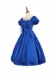 Simple Solid Color Klein Blue OP Pleated Lace Bow Knot Decoration Cross Straps Classic Lolita Short Sleeve Dress Set